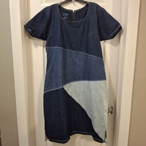 Patchwork Denim Midi Dress in Dark and Light Blue